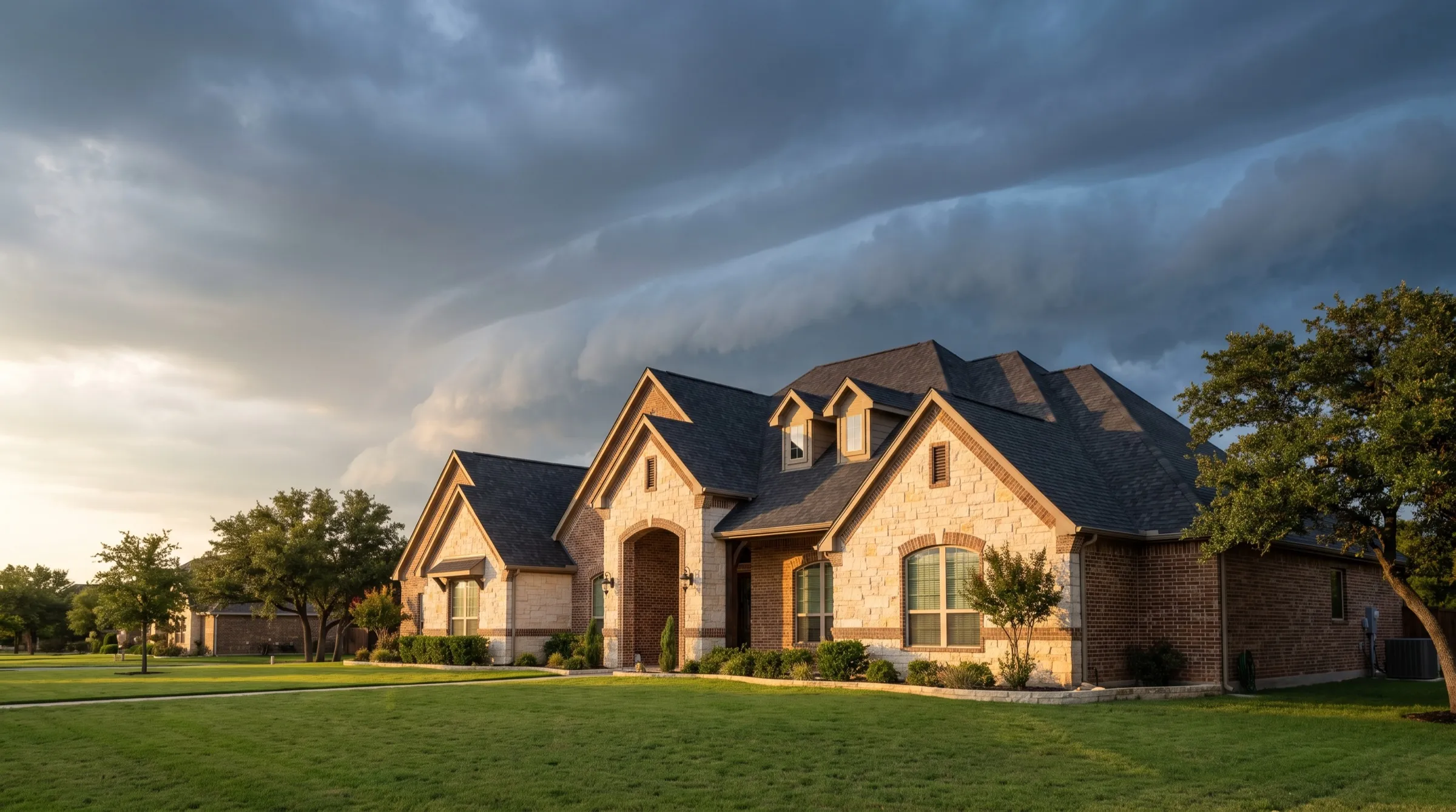 Storm clouds building over a San Antonio rooftop line.