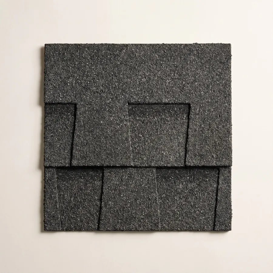 Architectural asphalt shingles photographed flat, showing the layered tab pattern.