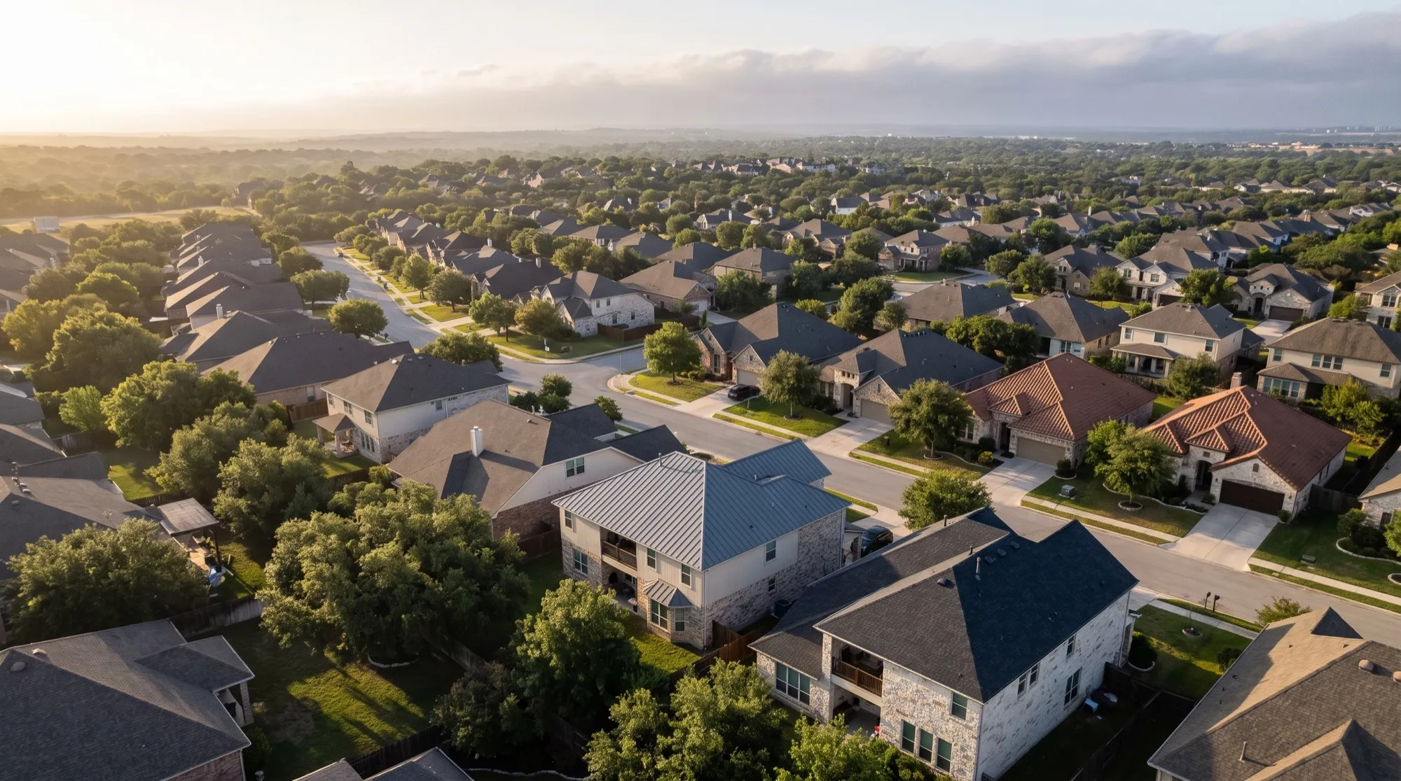 Aerial view of a San Antonio residential neighborhood, rows of shingle roofs at varied pitches.