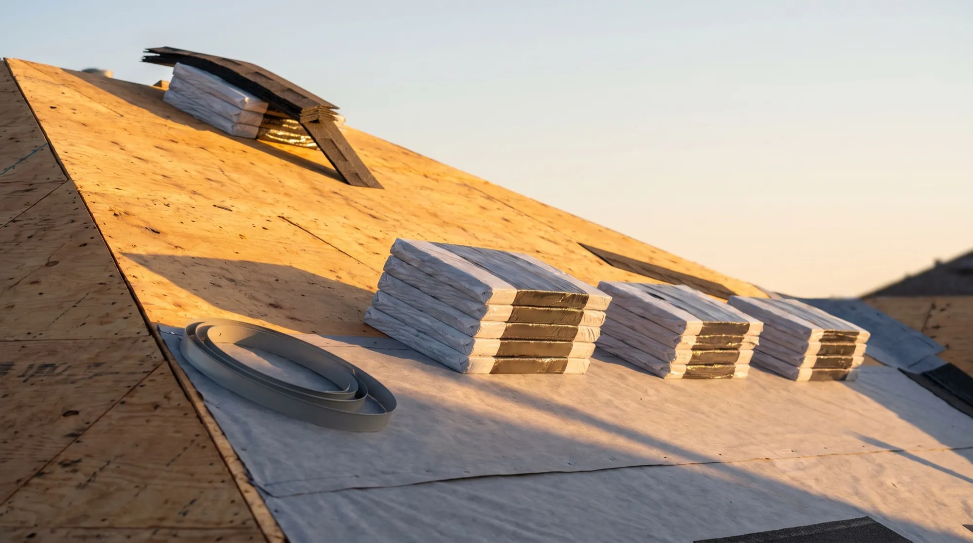 A roof stripped to its plywood decking mid-replacement, rafter lines visible under a clear sky.